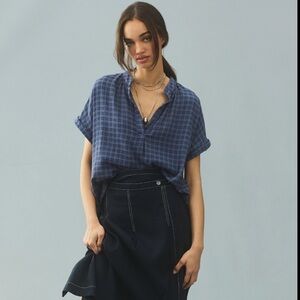 💛 Anthropologie Cloth & Stone Plaid Blue Pullover Tee